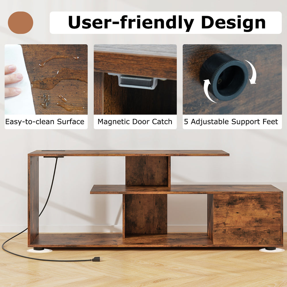 60-inch rustic brown TV stand with 3-tier shelves, built-in power outlet, and adjustable feet for stable support.