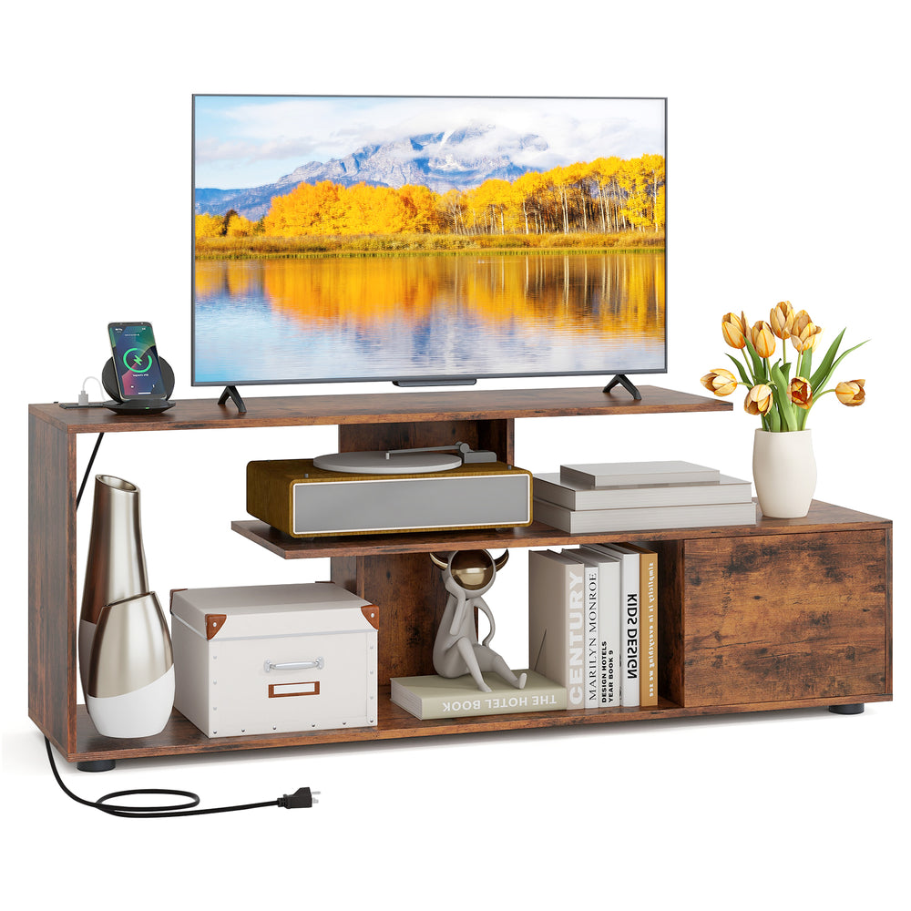 60-inch rustic brown TV stand with built-in power outlet, open shelves, and spacious cabinet for organized storage.