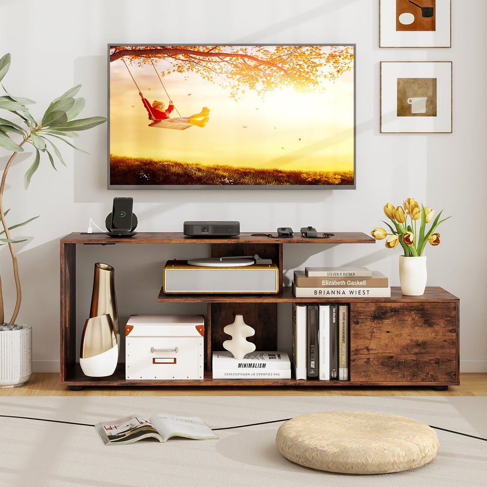 Rustic brown 60-inch entertainment center TV stand with built-in power outlet and 3-tier open storage shelves for media.