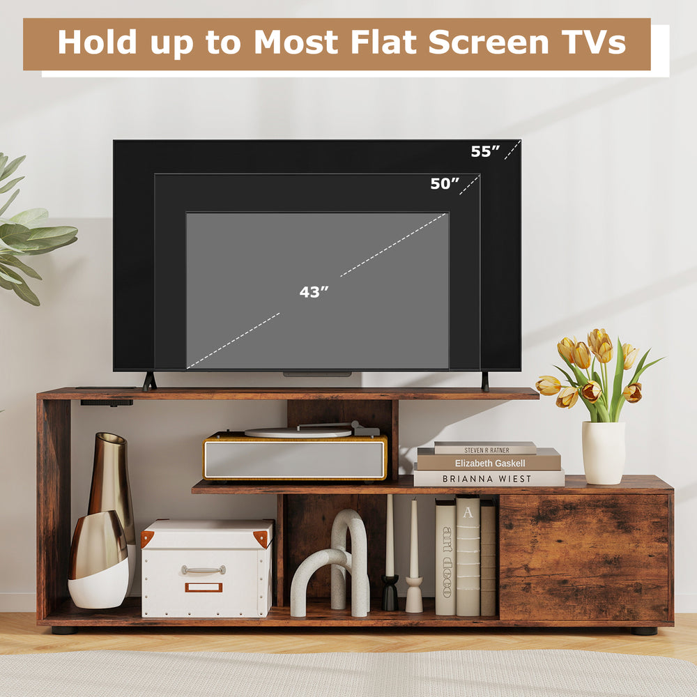 60-inch rustic brown entertainment center TV stand with open shelves and built-in power outlet for flat screen TVs.