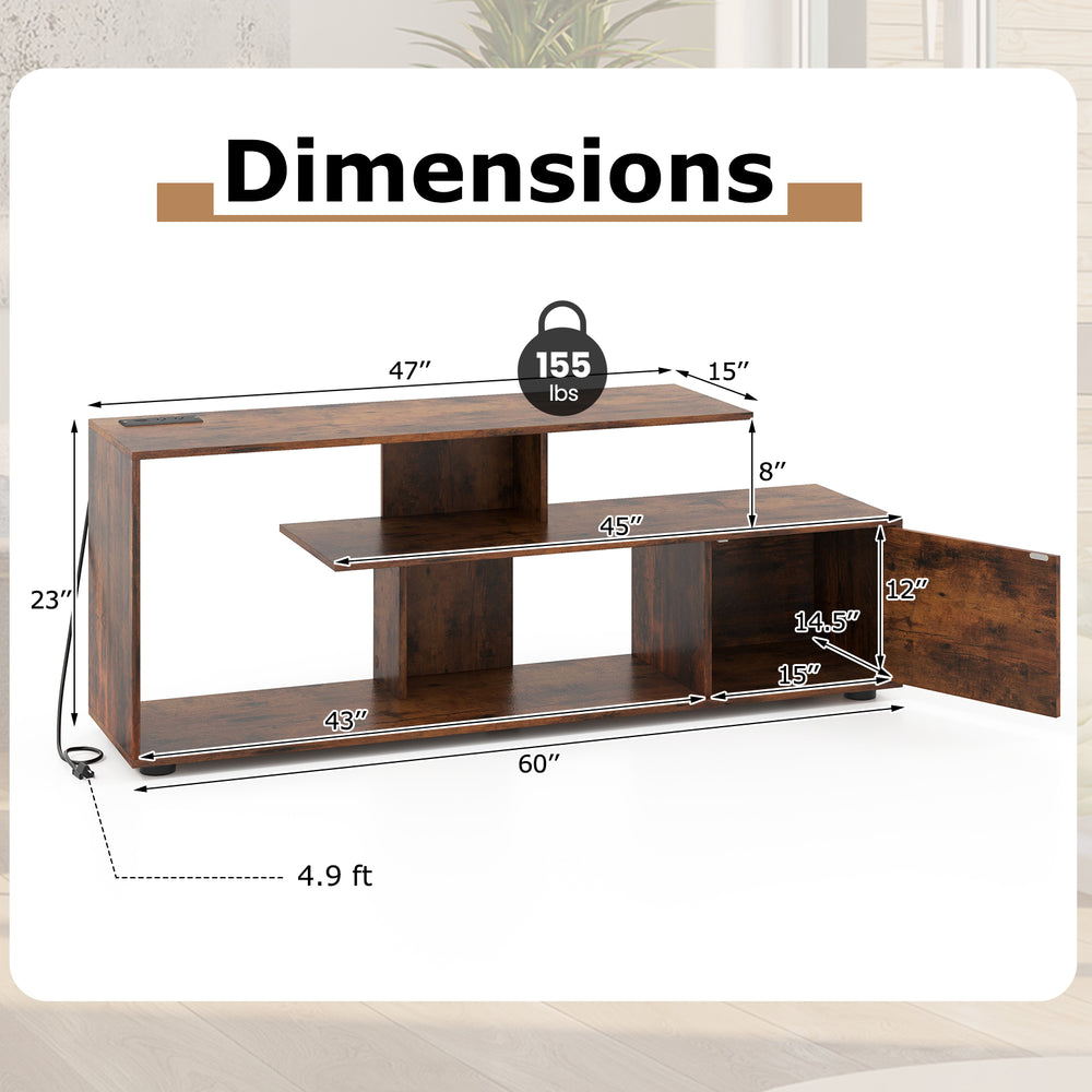 60-inch entertainment center in rustic brown with dimensions, featuring open shelves and a built-in power outlet for.