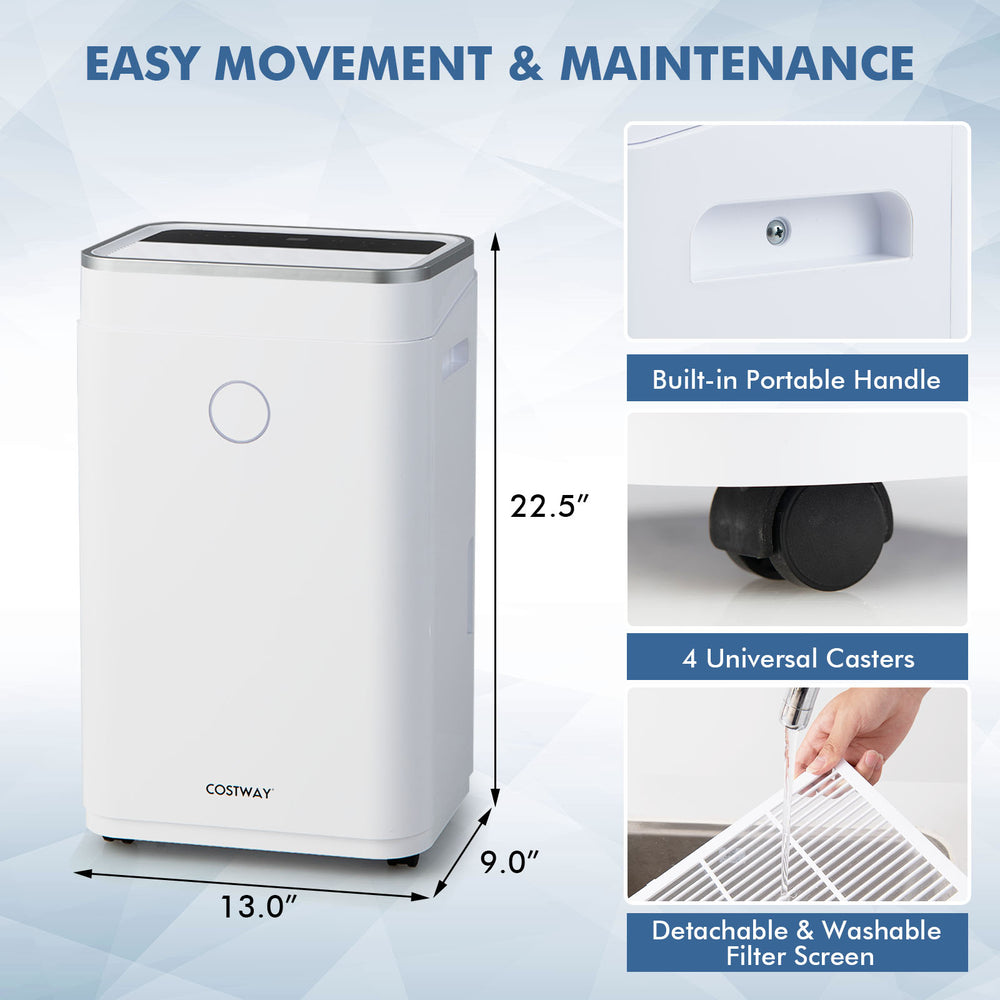 60-pint dehumidifier with digital display, portable handle, and 4 wheels for easy movement in spaces up to 4000 sq. ft.