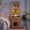 60" cat litter box enclosure in natural wood with adjustable LED light, storage shelves, and charging station for convenience.