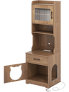Natural wood cat litter box enclosure featuring a clear door, adjustable LED light, and spacious top shelf for easy access.