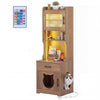 Natural wood cat litter box enclosure featuring a top shelf, adjustable LED light, and a cute cat head-shaped entry for easy access.