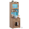 Cat litter box enclosure with adjustable LED light, storage shelves, and charging station in natural wood finish.