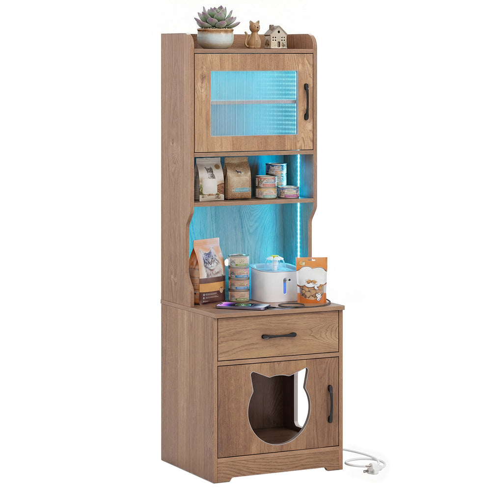 Cat litter box enclosure with adjustable LED light, storage shelves, and charging station in natural wood finish.