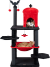 Gothic cat tower with plush perch, black and red color, featuring cozy condo and spider toys for Halloween fun.