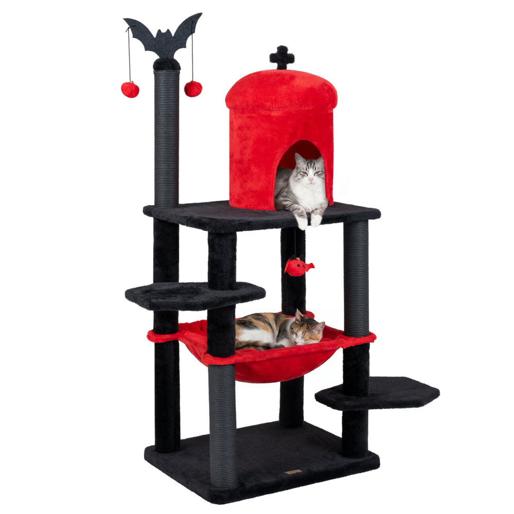 Gothic cat tower with plush perch, black and red colors, featuring a cozy condo and spider toys for Halloween fun.