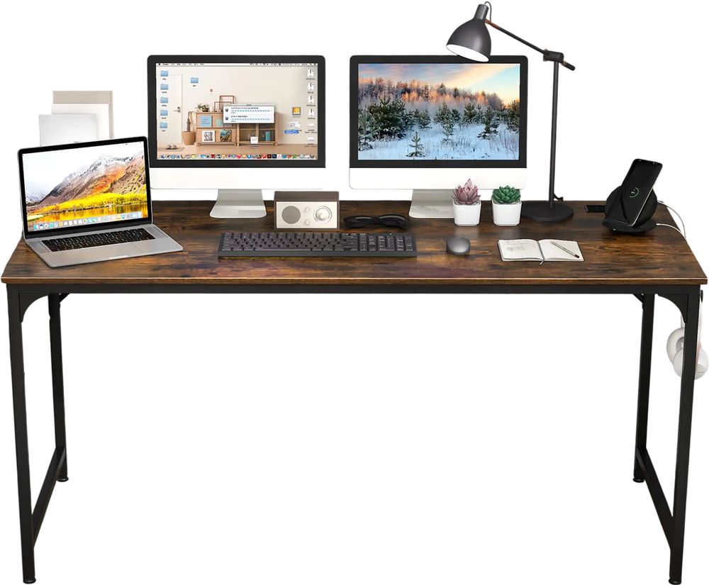 60-inch rustic brown computer desk with built-in charging station, sturdy metal frame, and extra storage bag for.