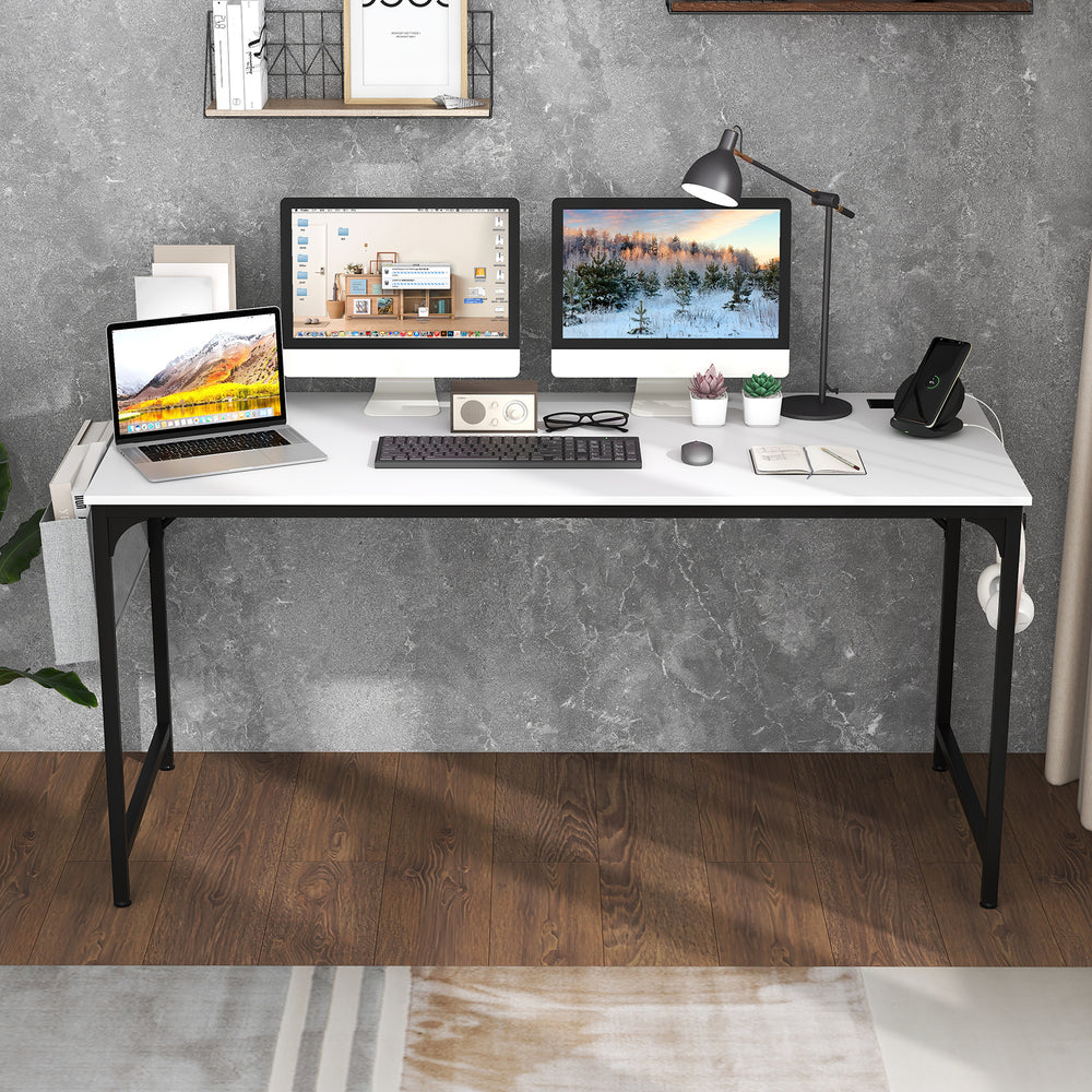 60 Inch Computer Desk with Charging Station Storage Bag-White - Gallery View 1 of 11