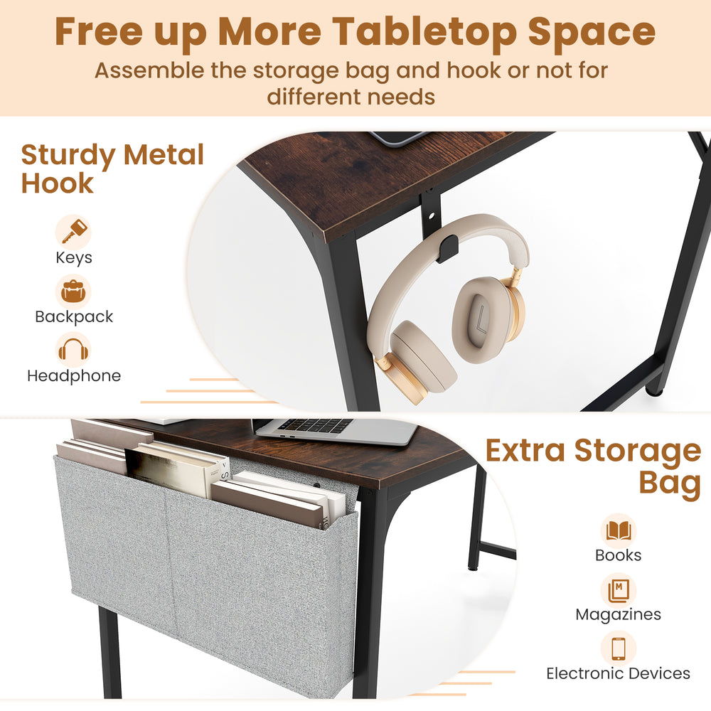 60-inch computer desk in rustic brown with sturdy metal hook and extra storage bag for books and electronic devices.