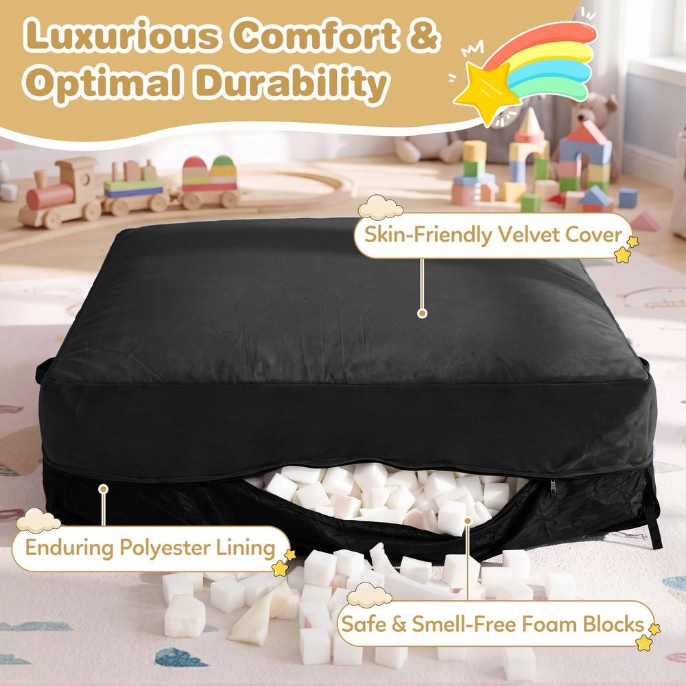 60-inch black crash pad with a skin-friendly velvet cover, perfect for kids' play, relaxation, and sensory input.