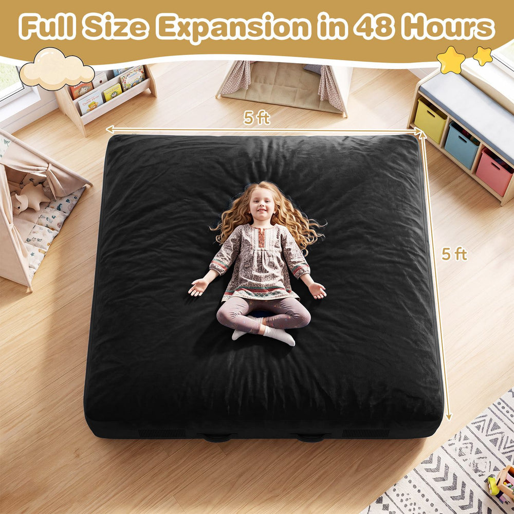Black 60-inch crash pad for kids, featuring a soft velvet cover, ideal for play, relaxation, and sensory input.