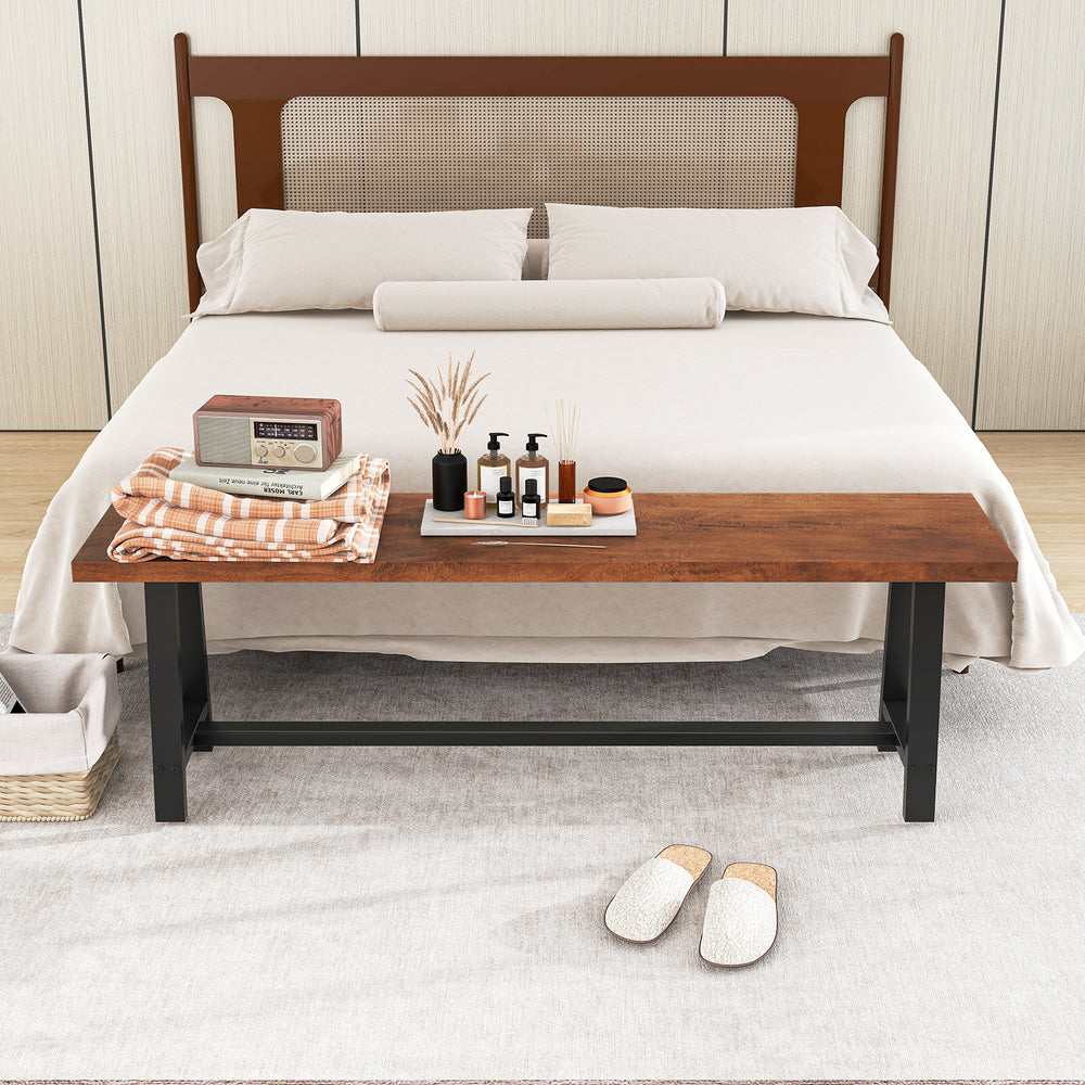 60-inch entryway shoe bench with a sturdy metal frame, showcasing a rustic wood top and farmhouse design for versatile.