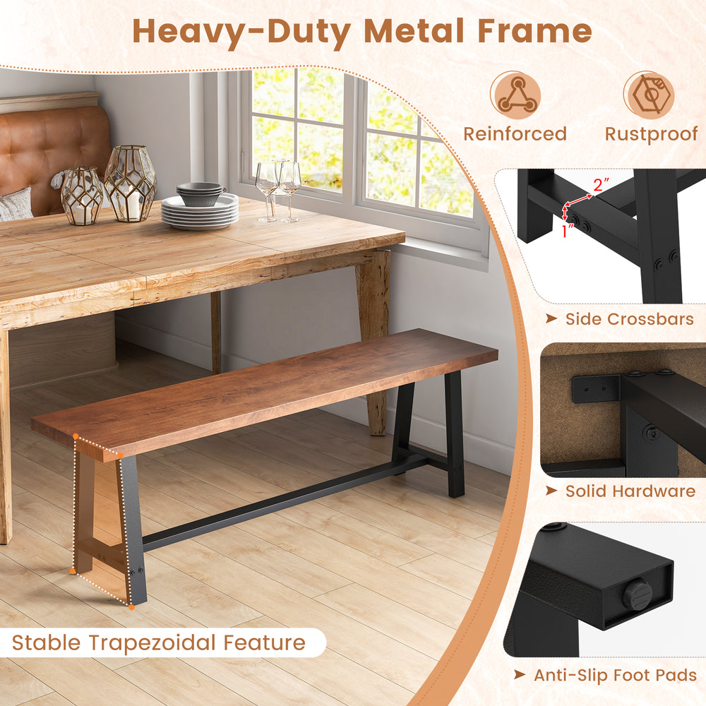 60-inch dining bench with heavy-duty metal frame, rustproof surface, and stable trapezoidal design for 3-person seating.