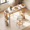 60-inch dining table with faux marble surface and two upholstered barstools, perfect for compact kitchens and dining.
