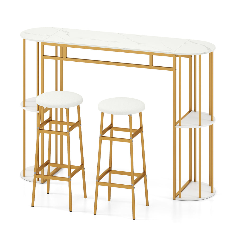 60-inch dining table with faux marble top and 2 upholstered barstools, featuring a compact design for small spaces.