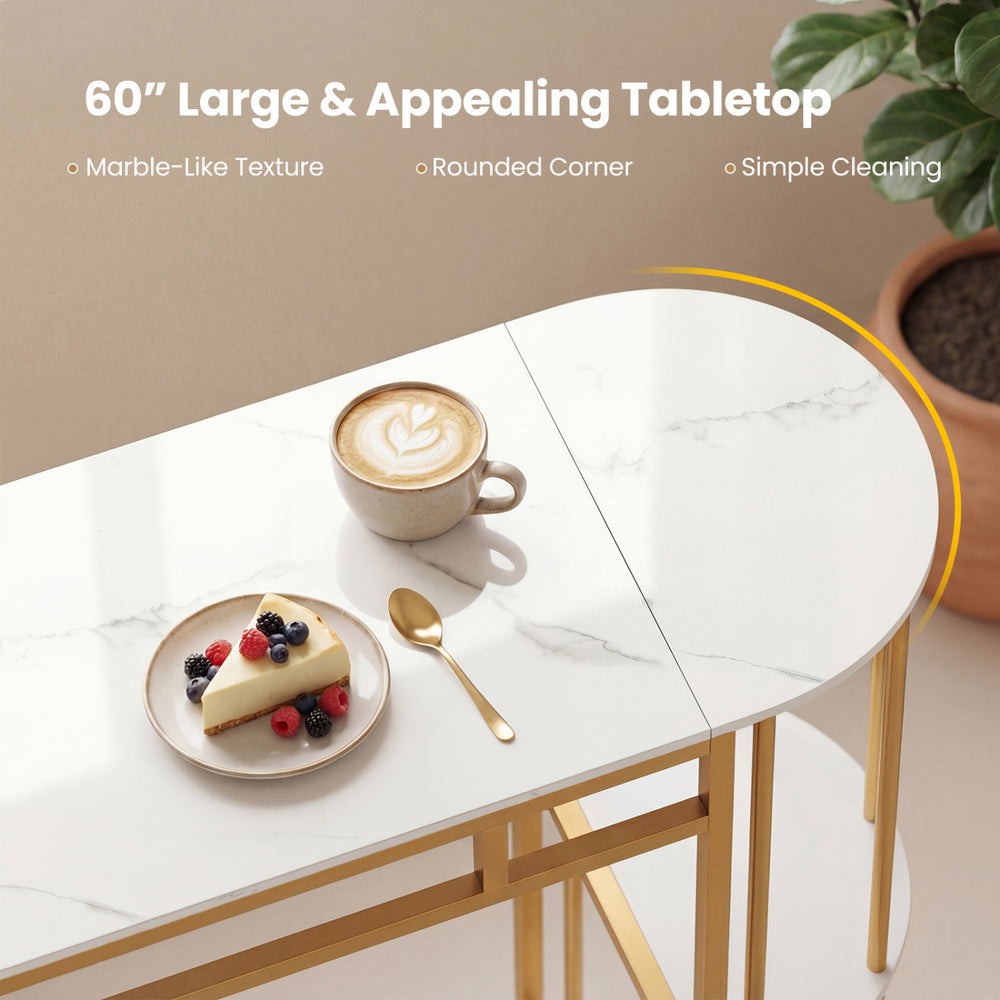 60" dining table with faux marble tabletop, rounded corners, and gold accents, perfect for small kitchens or apartments.