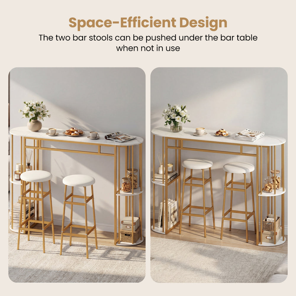 60-inch dining table with faux marble surface and two upholstered barstools, designed for space-saving in small.