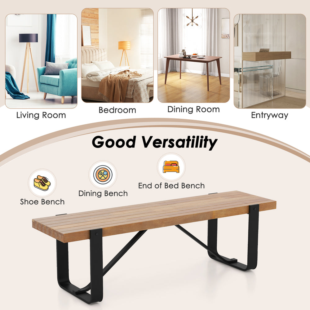 Rustic 60-inch entryway bench with a wooden top and metal frame, ideal for shoe storage and versatile seating options.