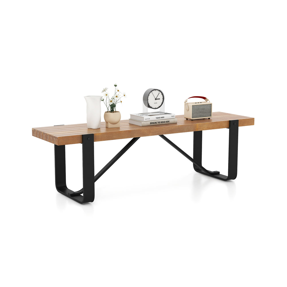 Rustic 60-inch entryway bench with a natural wooden top and sturdy black metal frame, ideal for shoe storage and.
