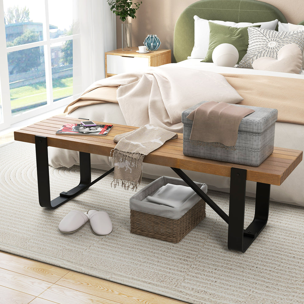 Rustic 60-inch entryway bench with wooden top and metal frame, perfect for shoe storage and seating in any living space.
