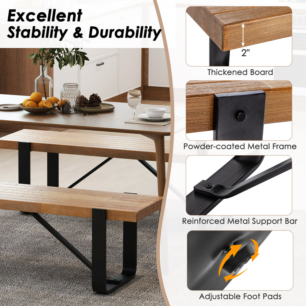 Rustic 60-inch entryway bench with a natural wooden top and sturdy metal frame, perfect for shoe storage and seating.