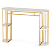 Narrow 60-inch bar table with faux marble top and gold metal frame, featuring semi-circular storage shelves for modern.