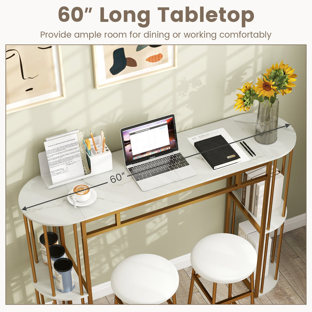 Narrow 60-inch bar table with faux marble tabletop and storage shelves, perfect for small kitchens or dining areas.