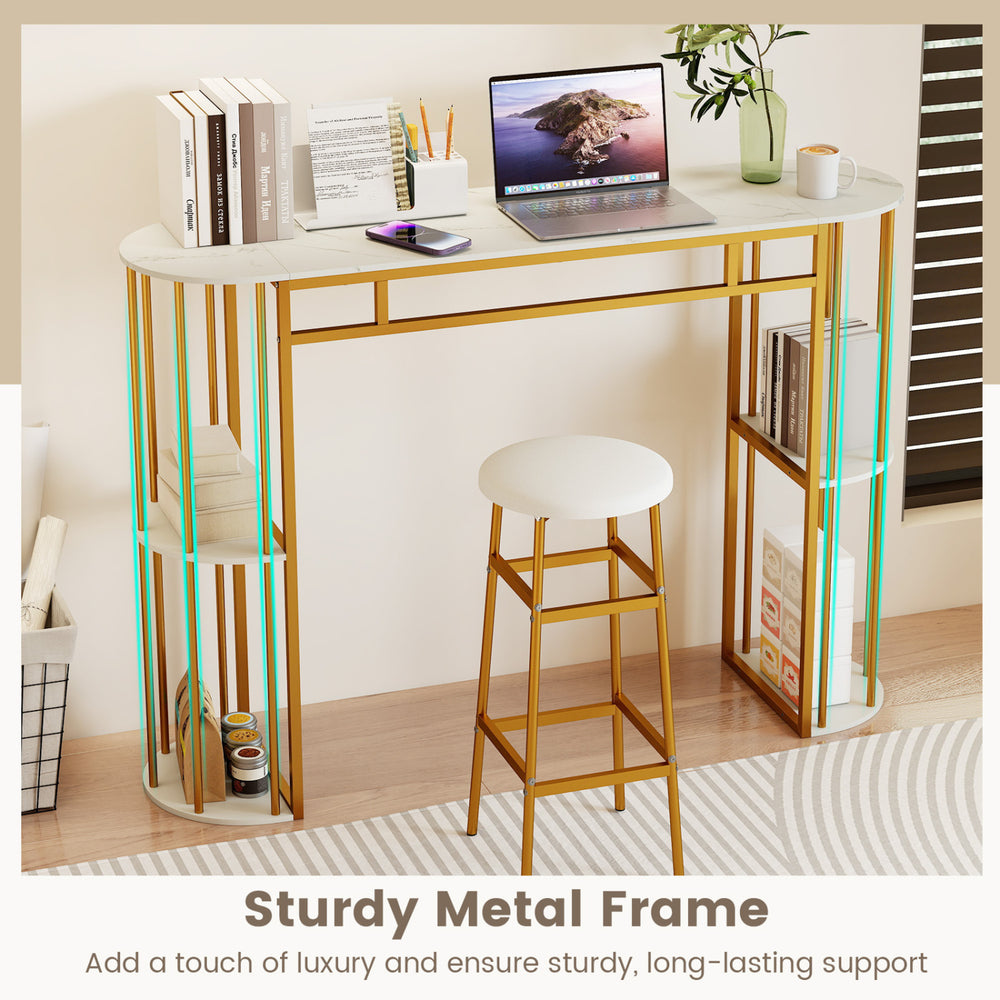 Narrow 60-inch bar table with faux marble tabletop and gold metal frame, featuring double shelves for versatile storage.