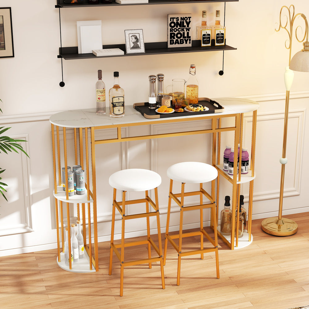 Narrow 60-inch bar table with faux marble top and double shelves for storage, ideal for small kitchens or living rooms.