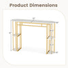 Product dimensions of the 60-inch narrow bar table with faux marble top and gold frame, showing height and shelf.