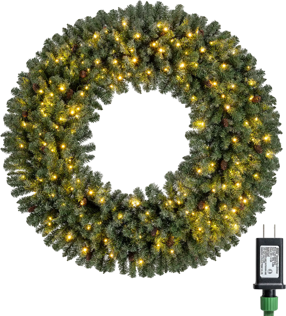 60-inch pre-lit artificial Christmas wreath with 200 warm white LED lights, perfect for festive outdoor displays.