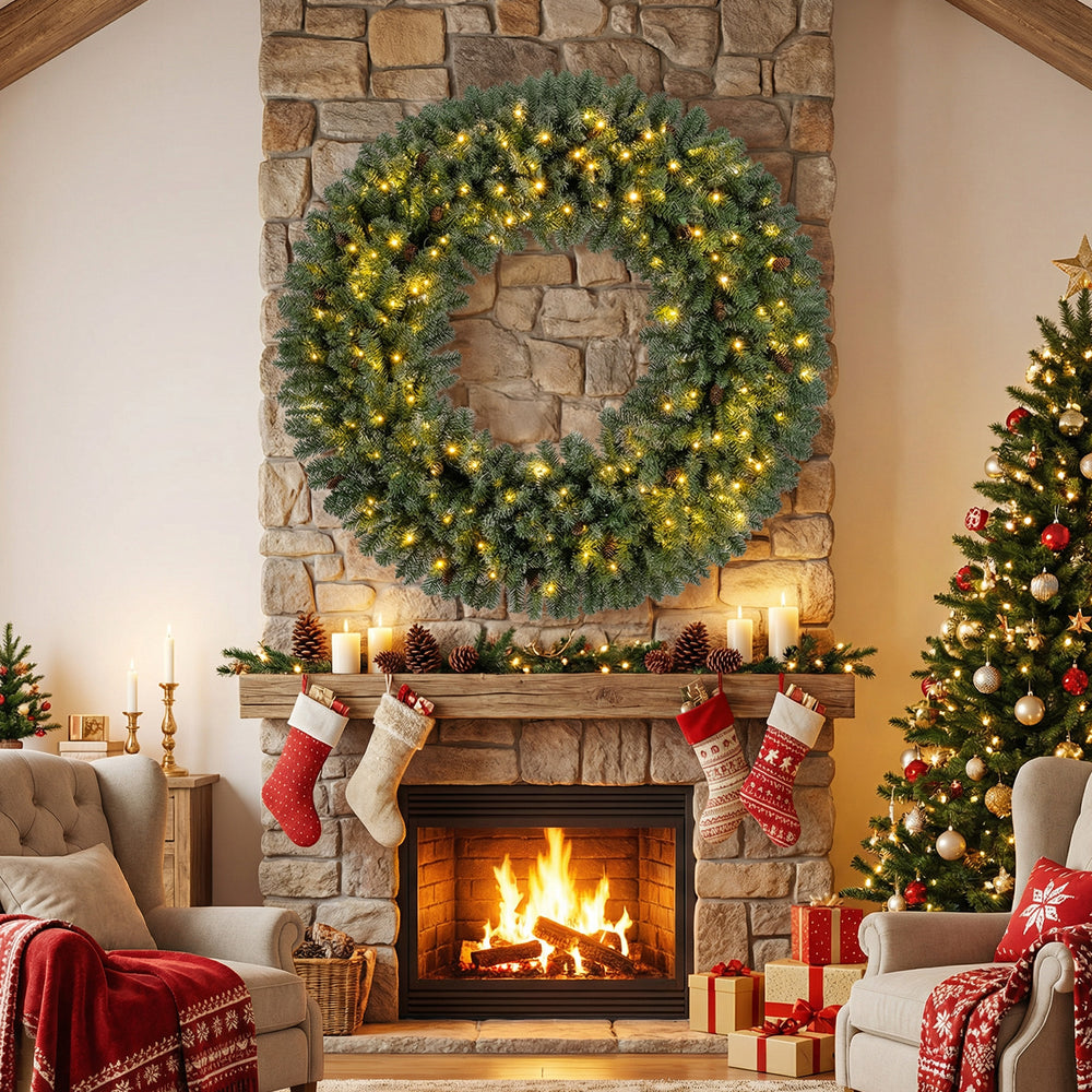 60 Inch Pre-Lit Artificial Christmas Wreath 200 LED Warm White Lights-1 Piece - Gallery View 1 of 9