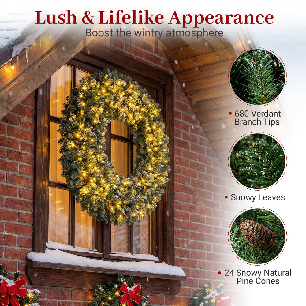 60-inch pre-lit artificial Christmas wreath with 200 warm white LED lights and snowy pine cones, perfect for festive.
