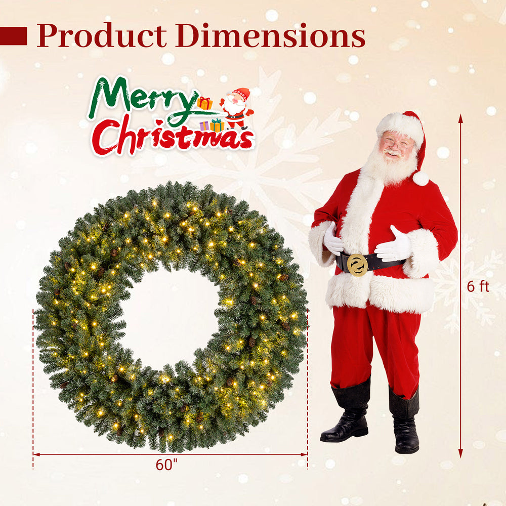 60-inch pre-lit artificial Christmas wreath with 200 LED warm white lights, ideal for festive outdoor displays.