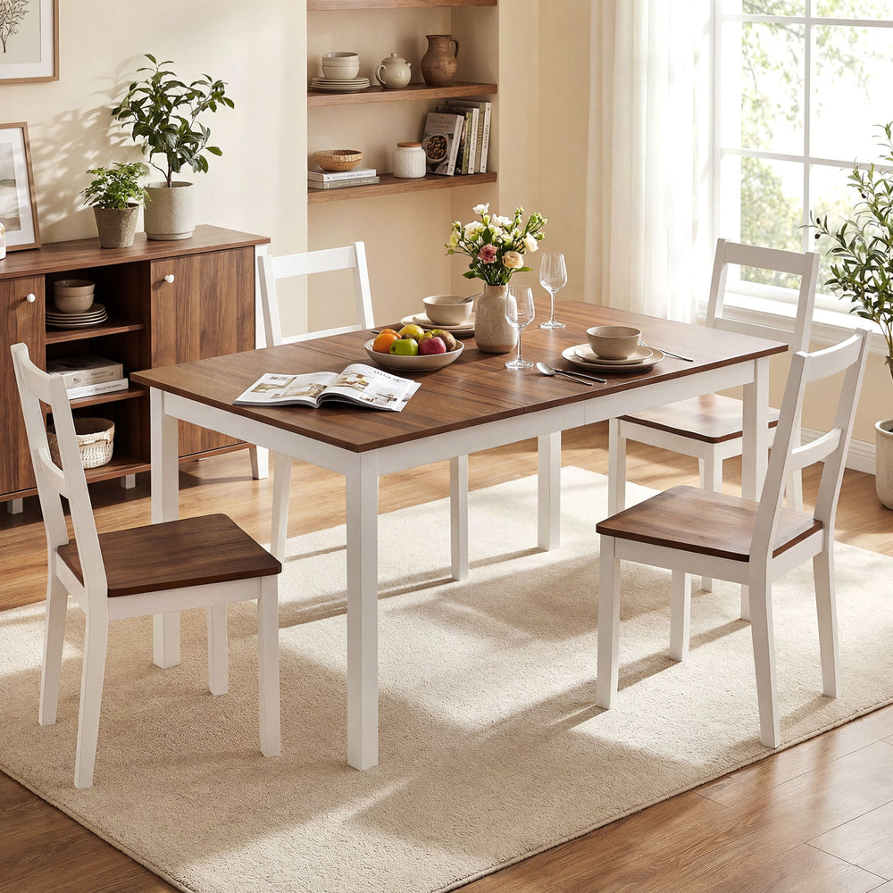 Rectangular 60" dining table with solid rubber wood legs, featuring a warm wooden texture, suitable for kitchens and.