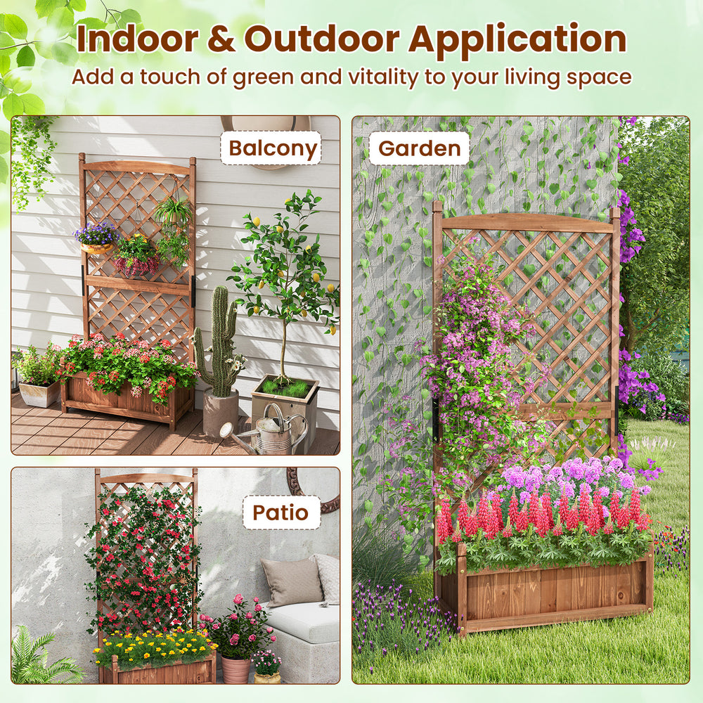 60-inch tall raised garden bed in brown with diamond lattice trellis, ideal for climbing plants and outdoor decoration.