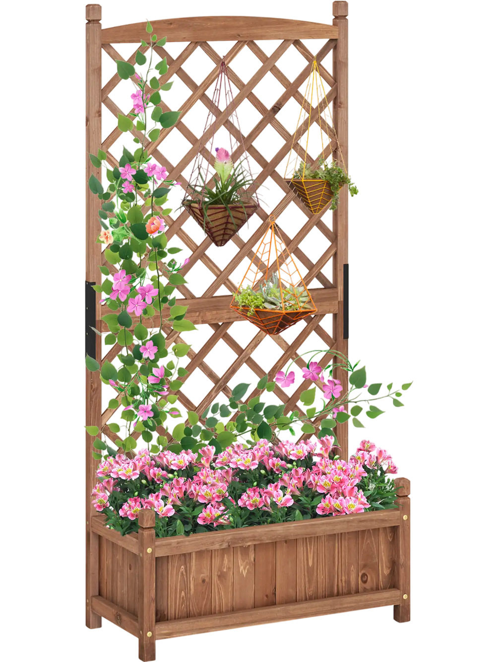 60-inch tall raised garden bed with diamond lattice trellis, crafted from solid fir wood, ideal for climbing plants.