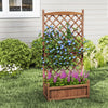 Raised garden bed with diamond lattice trellis, showcasing vibrant climbing plants and a charming brown wood finish.