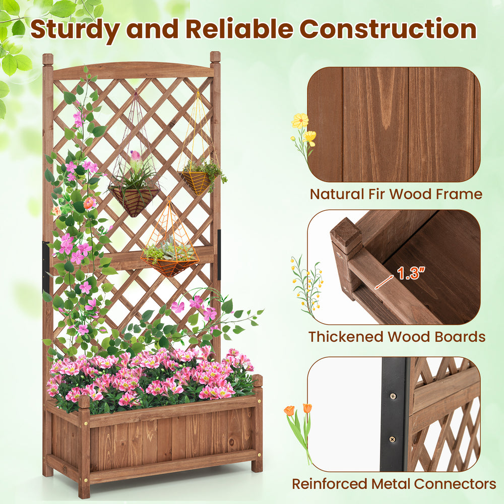 60-inch tall raised garden bed in brown fir wood with diamond lattice trellis, ideal for climbing plants and drainage.