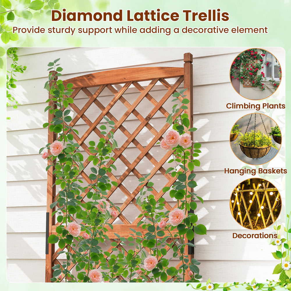 Diamond lattice trellis with brown fir wood, perfect for climbing plants and decorative support in a raised garden bed.