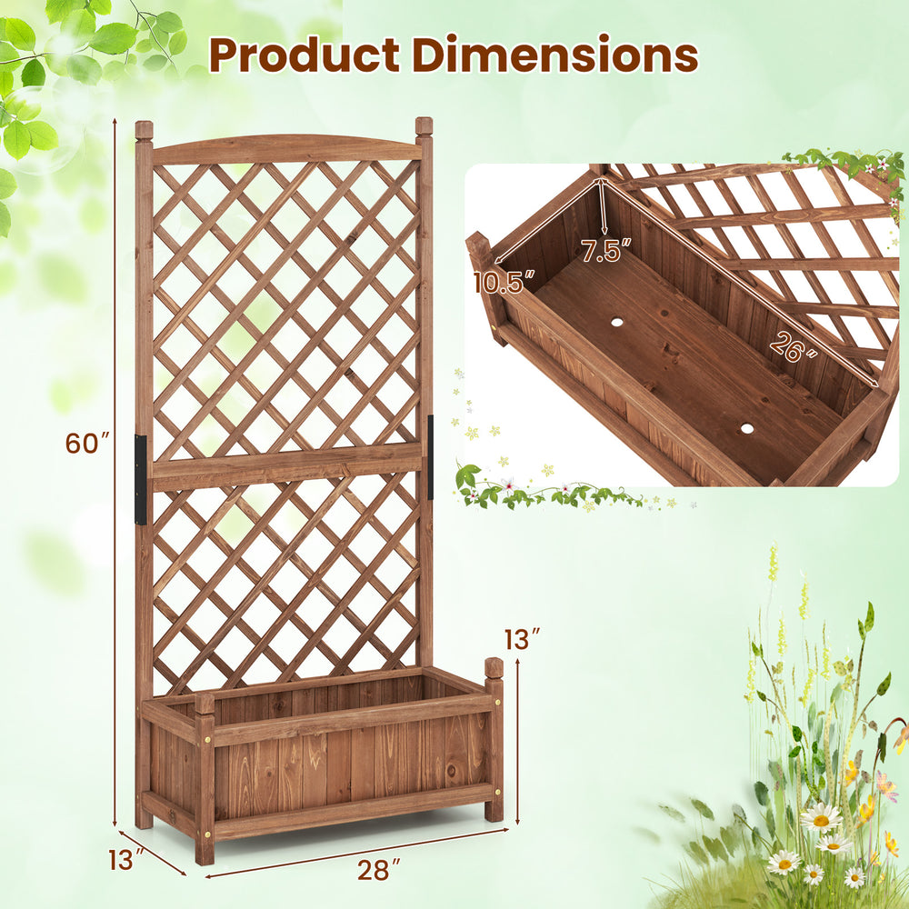 60-inch tall raised garden bed in brown wood with diamond lattice trellis and drainage holes for thriving plants.