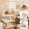 Multi-layer cat tree with solid wood trunk, two cozy perches, and plush fabric for climbing and relaxing.