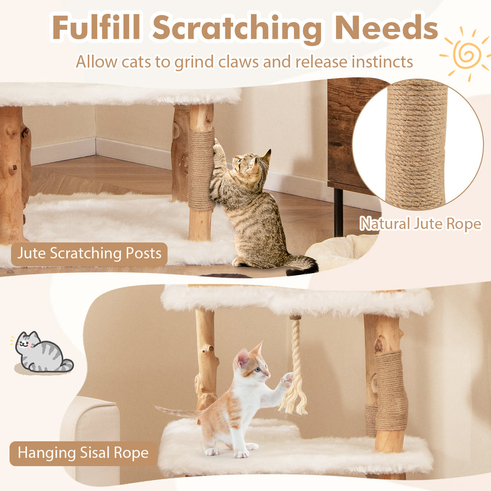 Jute scratching posts and hanging sisal rope on a 60-inch tall solid wood cat tree for playful feline fun.