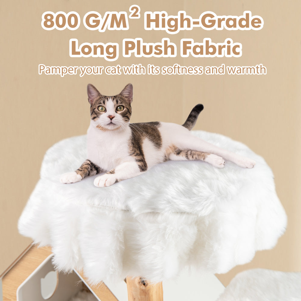 Cozy top perch of a 60-inch tall solid wood cat tree, covered in long plush fabric for softness and warmth.