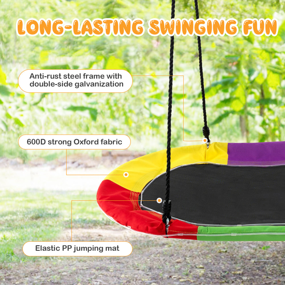 60-inch multicolor saucer swing featuring a sturdy steel frame, Oxford fabric seat, and LED lights for nighttime fun.