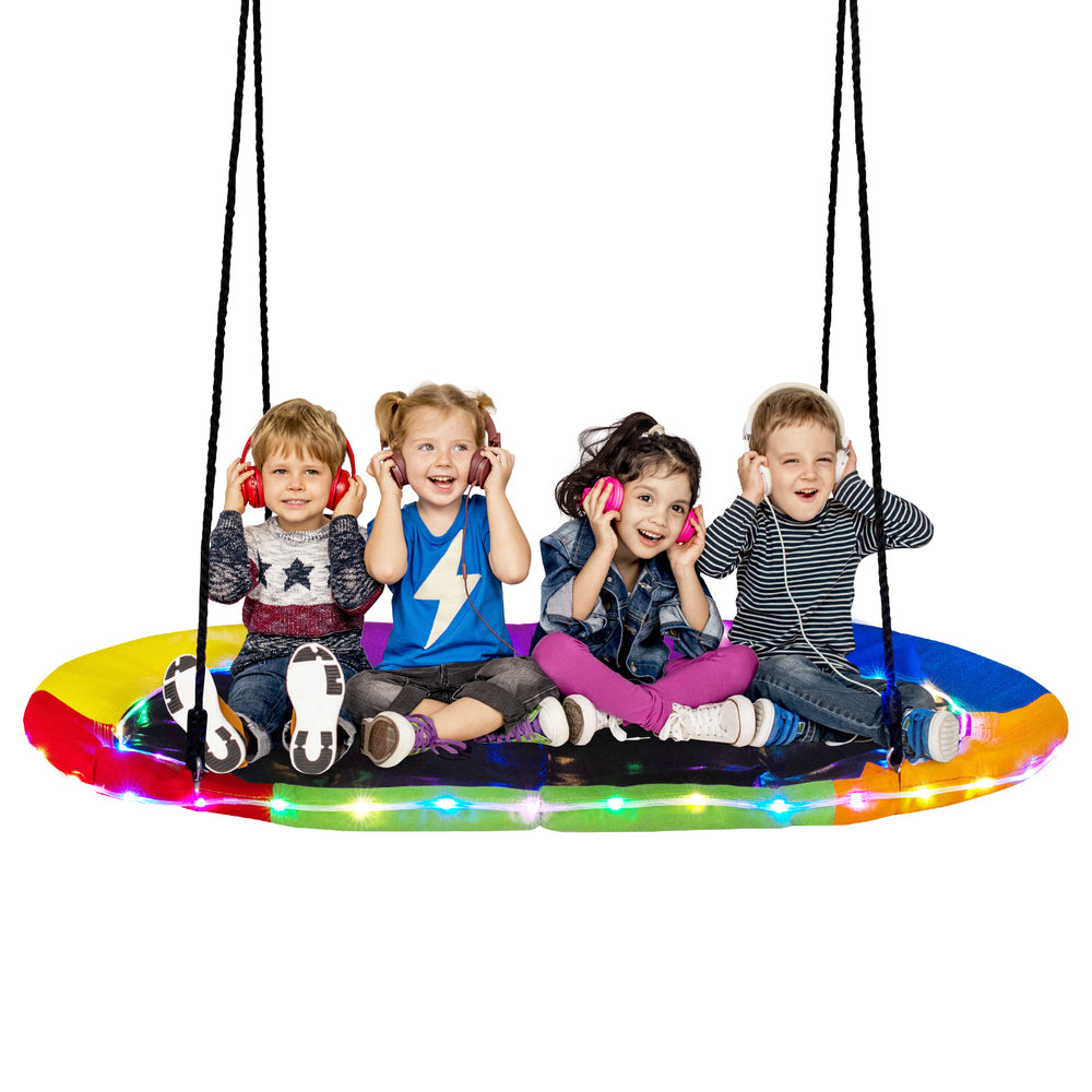 Colorful 60-inch saucer swing with LED lights, featuring kids enjoying playtime together, suitable for all ages.