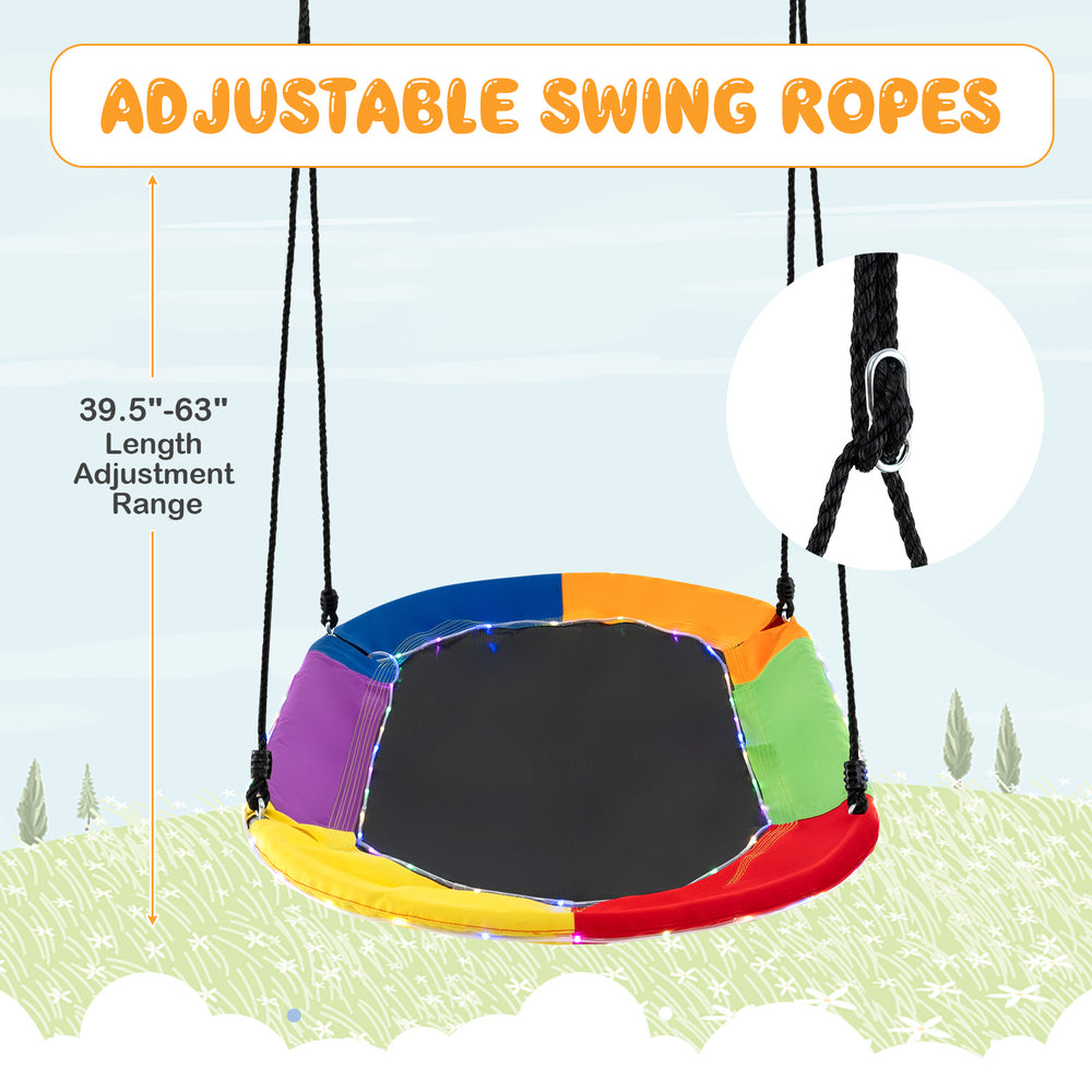 Multicolor 60-inch saucer swing with adjustable ropes and LED lights, suitable for kids and adults, perfect for outdoor.